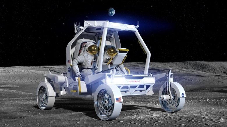 Artist's rendering of the Astrolab CLV-1 LTV on the Moon with two astronauts on board