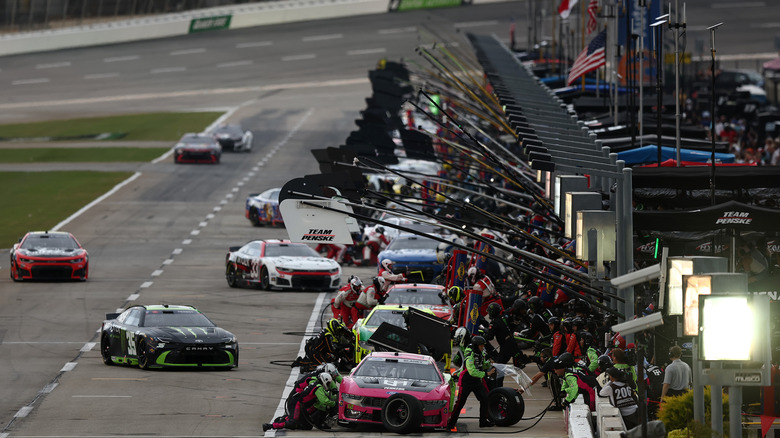 A general view of of pit road during the NASCAR Cup Series Quaker State 400 Available at Walmart at EchoPark Speedway on July 12, 2026 in Hampton, Georgia.