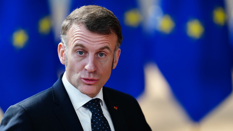 Emmanuel Macron President of the Republic of France speaks to the media prior to the European Council summit on March 19, 2026 in Brussels, Belgium. European Union leaders were meeting to discuss the military escalation in the Middle East and its consequences for EU energy prices and energy security, among other topics.
