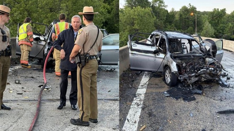 NBC's Tom Costello talks with police at the scene of a fiery crash he helped rescue the driver from