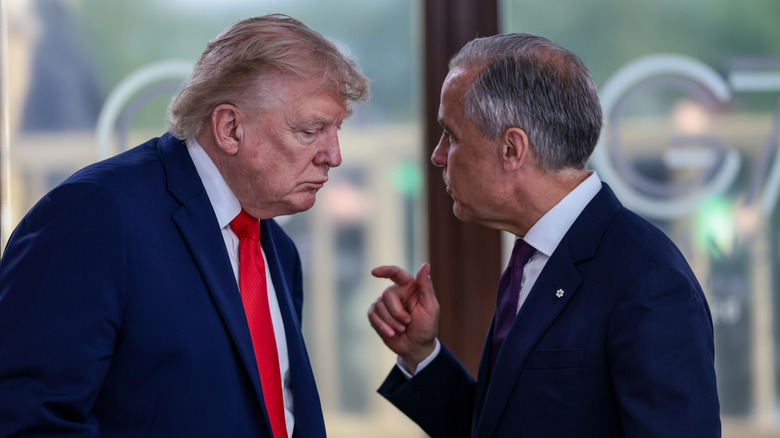 U.S. President Donald Trump speaks with Canadian Prime Minister Mark Carney at a working lunch with leaders of G7 and the Middle East, on June 16, 2026 in Evian-les-Bains, France.