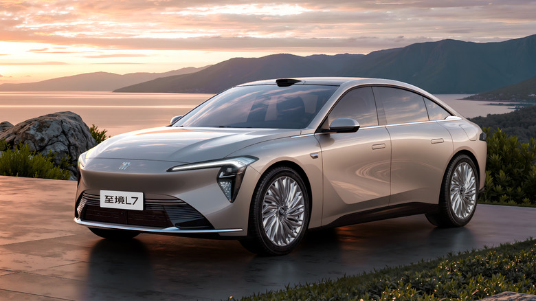 Front 3/4 view of a Buick Electra L7 sedan during sunset