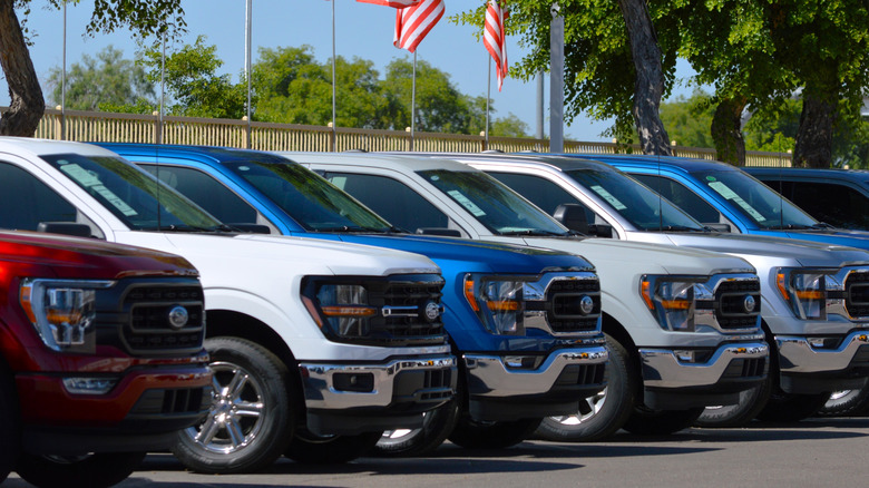 Gilbert, Arizona - May 23 2024: A row of new Ford F-150 trucks for sale at a Phoenix area new car dealership.
