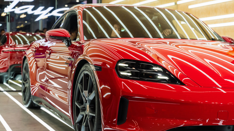 Porsche Taycan GTS. Electric sports car unveiled in Shanghai, highlighting its sleek design and performance. China, Shanghai May 2, 2025
