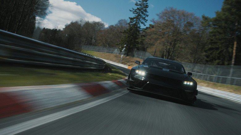 Front view of a black Ford Mustang GTD Competition at the Nürburgring