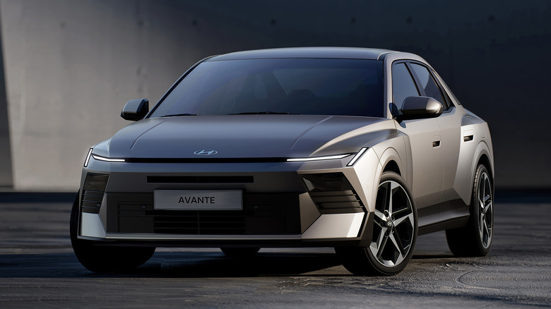 Front 3/4 view of a silver new Hyundai Elantra