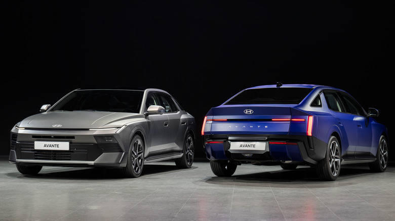 A silver Hyundai Elantra next to a blue Elantra