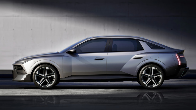 Side view of a silver new Hyundai Elantra sedan