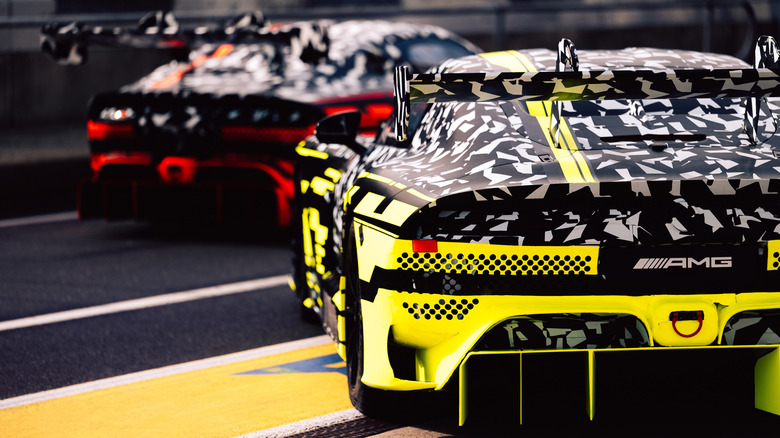 Rear end of a camouflaged Mercedes-AMG GT Black Series