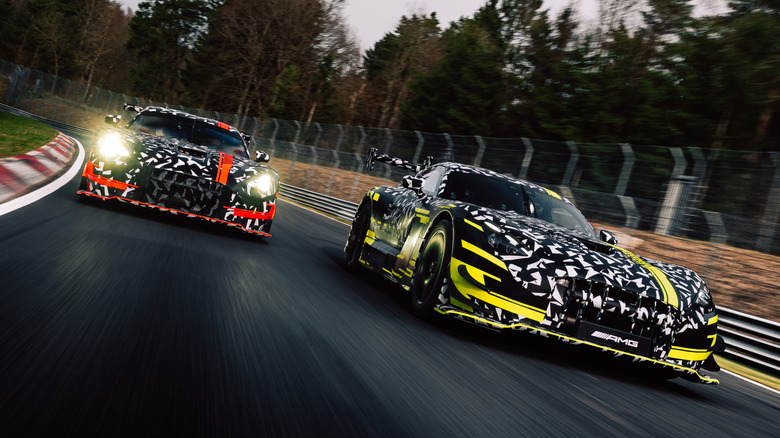 Camouflaged Mercedes-AMG GT Black Series and GT3 prototypes on the Nürburgring