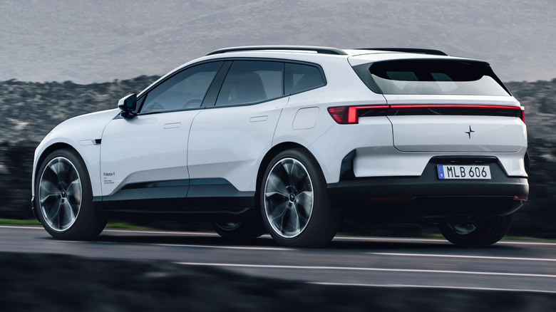 Rear 3/4 view of a white Polestar 4 SUV