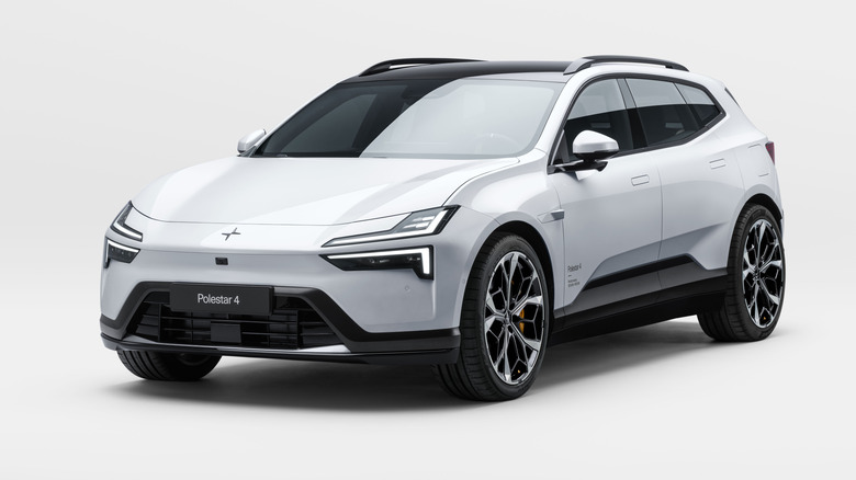 Front 3/4 view of a white Polestar 4 SUV