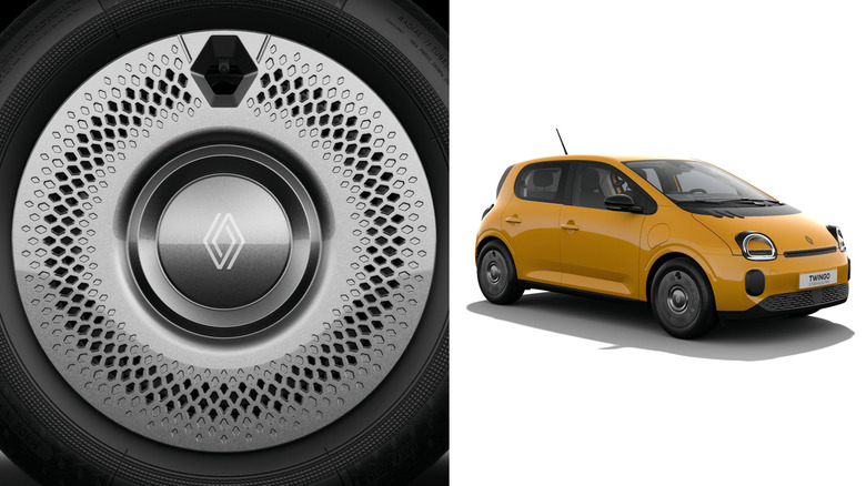 A yellow Renault Twingo next to a close-up of the hubcap