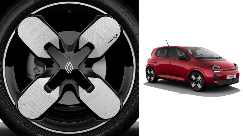 A red Renault Twingo next to a close-up of its wheel