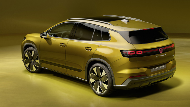 Rear 3/4 view of a yellow Volkswagen ID Tiguan
