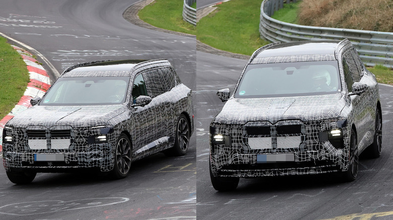 A camouflaged BMW iX7 and X7 M60 at the N&uuml;rburgring