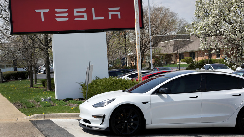 SCHAUMBURG, ILLINOIS - APRIL 19: A sign marks the location of a Tesla dealership on April 19, 2023 in Schaumburg, Illinois. Tesla announced price cuts for its Model 3 and Model Y electric vehicles in front of their 1st quarter earnings report due out today. (Photo by Scott Olson/Getty Images)