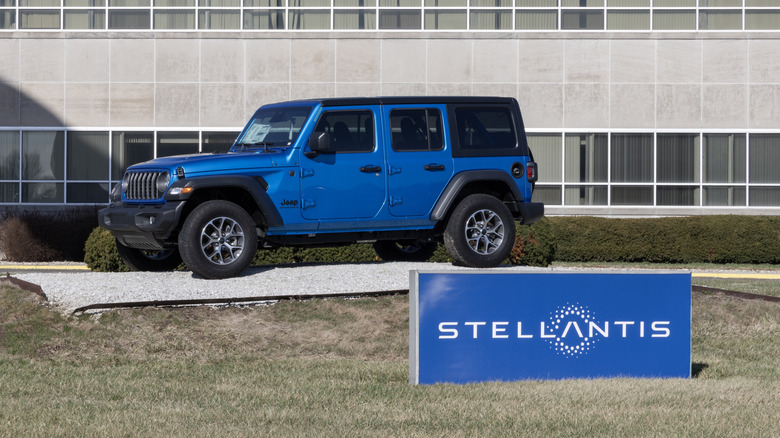 Kokomo - March 8, 2026: Stellantis Transmission plant. Jeep Wrangler 4-Door Sport 4X4 at the Stellantis plant for Dodge, Chrysler, and Ram. MY:2025