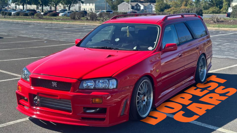 A red R34-converted Nissan Stagea, over the text Dopest Cars
