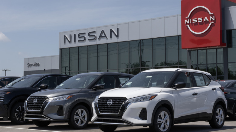 Lafayette - June 21, 2025: Nissan Kicks Play Subcompact Crossover SUV display at a dealership. Nissan offers the Kicks in S, SV, Play and SR models.