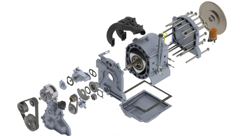 An exploded view of all the parts of a Wankel rotary engine.
