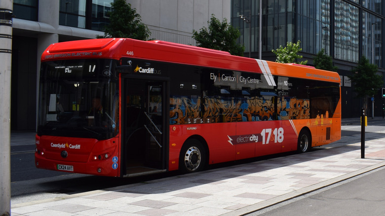 A Yutong bus parked at a bus stop in Cardiff, Wales