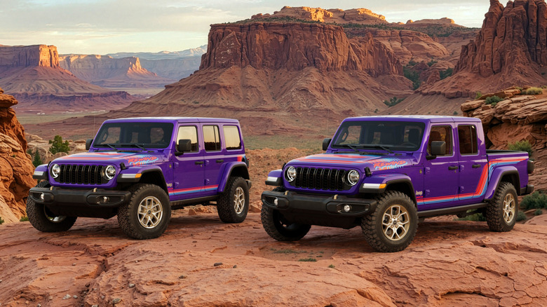 A purple Jeep Gladiator and Wrangler with graphics and bronze wheels