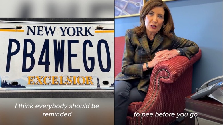A side-by-side screenshot collage of Kathy Hochul and a close-up of the PB4WEGO license plate