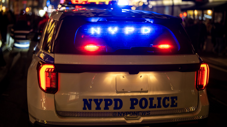 A New York City police car on night patrol.