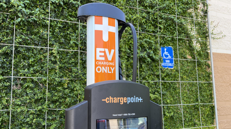 EV charging station with ChargePoint logo and signage at Target location, featuring a phone displaying charging information, surrounded by plants, San Ramon, California, May 13, 2023. (Photo by Smith Collection/Gado/Getty Images)