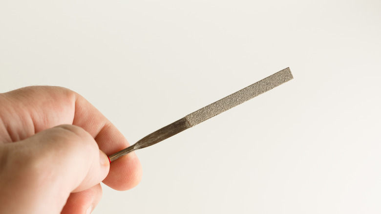 Close up of a small metal file.
