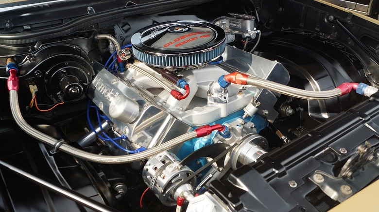 A modified Oldsmobile 455 cubic inch V8 engine