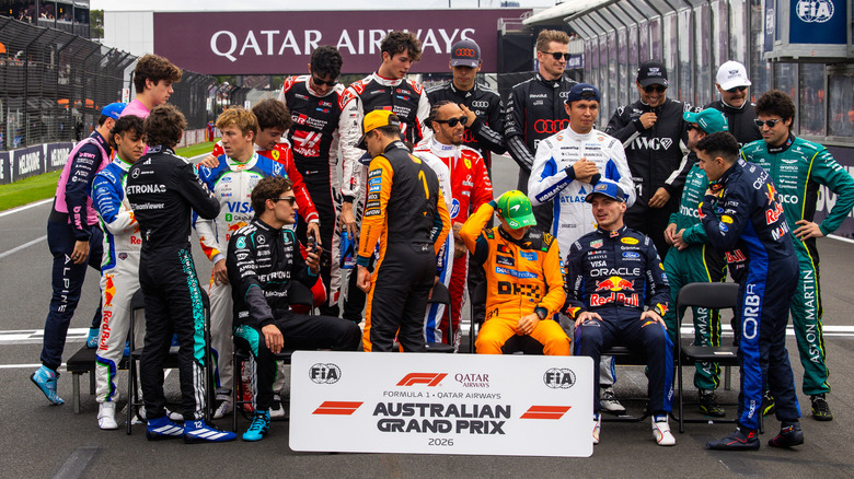 The drivers prepare for their group photo on track during the F1 Grand Prix of Australia at Albert Park Grand Prix Circuit on March 8, 2026 in Melbourne, Australia.