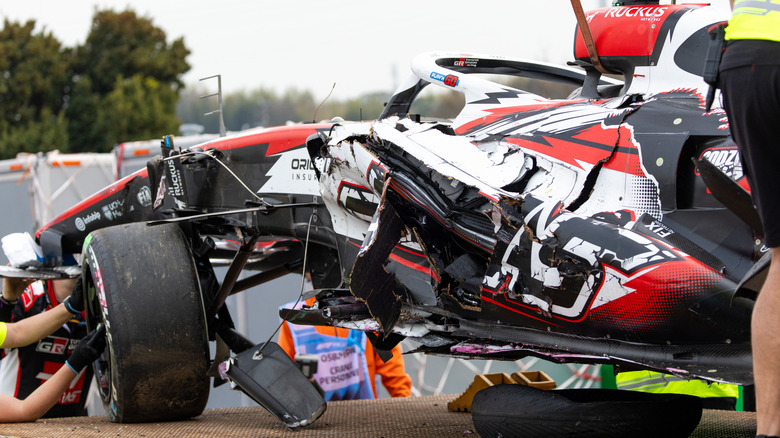 The damage to the Haas VF-26 of Oliver Bearman of Great Britain and Haas F1 Team following his crash during the F1 Grand Prix of Japan at Suzuka Circuit on March 29, 2026 in Suzuka, Japan.