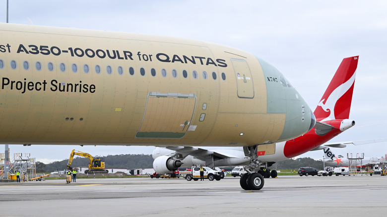 An Airbus A350-100ULR passing a Qantas tail after landing at Melbourne Airport having flown from Toulouse, France in 19 hours and 12 minutes on July 24, 2026 in Melbourne, Australia.