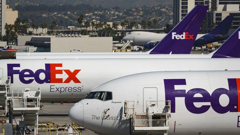 FedEx logos are displayed on airplanes parked at Los Angeles International Airport on October 17, 2025 in Los Angeles, California.