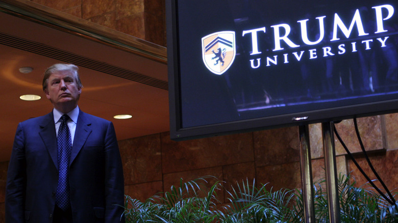 Real estate mogul Donald Trump holds a media conference announcing the establishment of Trump University May 23, 2005 in New York City.