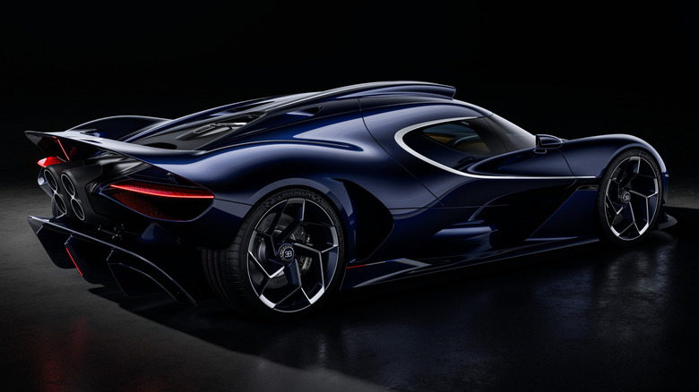 Rear 3/4 view of the blue Bugatti Destrier