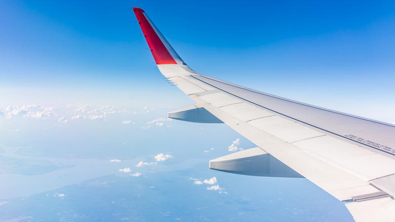 A view of an airplane's wing and the horizon from a plane in flight