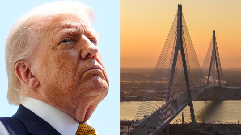 Right: President Trump looks sad, maybe thoughtful if he had a thought, against a blue sky, and Left: the Gordie Howe Bridge spans the Detroit River at sunset.