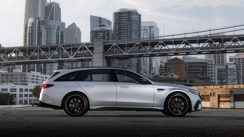 Side view of a silver Mercedes-AMG E53 wagon