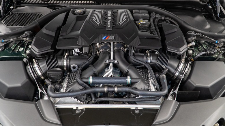 A BMW M5 Competition's twin-turbo engine.