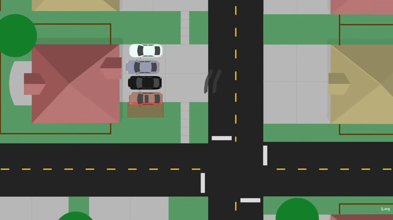 A screenshot showing an animation of four cars parked in Martinez's driveway, showing one car with two wheels on the grass, which is why she gets fined.