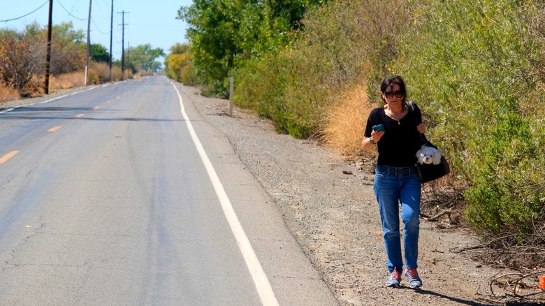 A woman walks along the side of a rural highway.