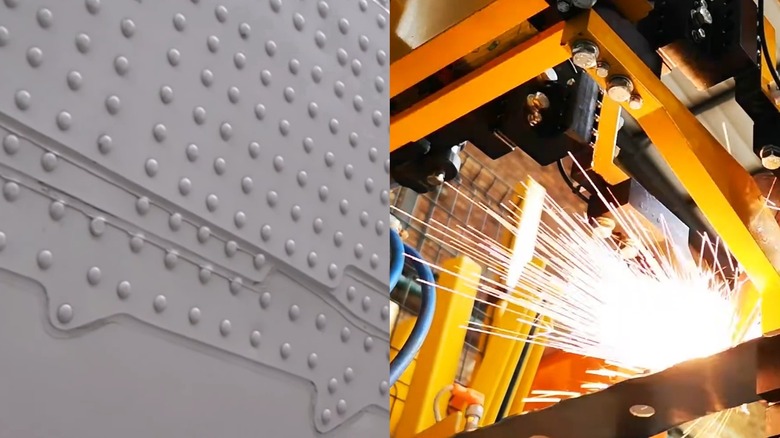 A split image of aircraft rivets (at left) and a modern vehicle assembly line with robotic welders.