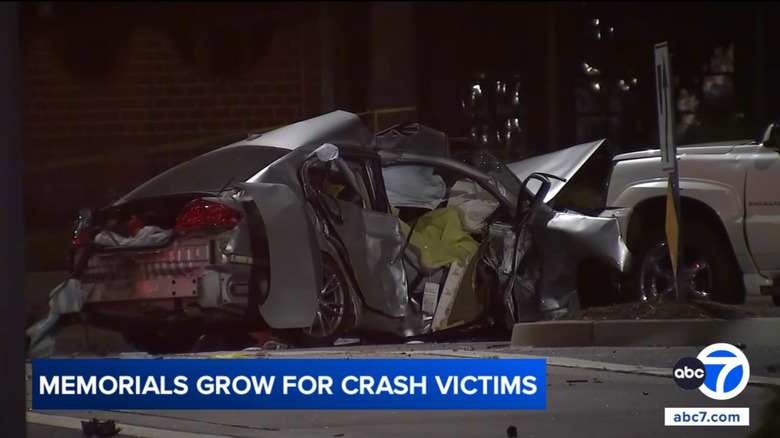 The crashed silver Infiniti that was involved in the Anaheim fatal pursuit