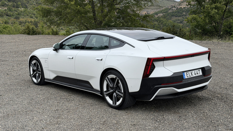 Rear 3/4 view of a white Polestar 5