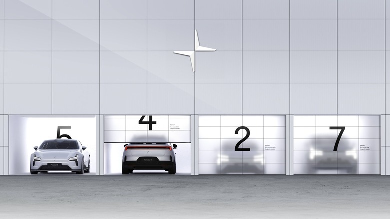 Polestar garage featuring separate bays for the Polestar 5, 4, 2, and 7