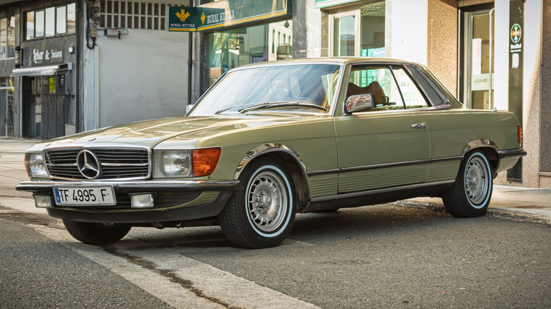 C107 generation Mercedes 450SLC parked