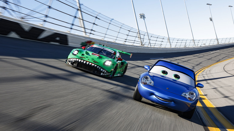 Sally Carrera from "Cars" with a Porsche race car